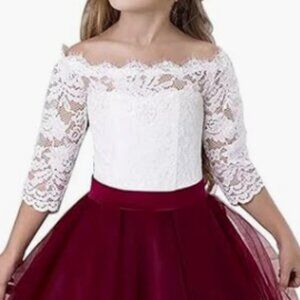 NWT Girls Lace Off Shoulder Burgundy Tulle Long Length Holiday Formal Dress sz 5